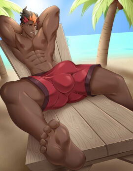 1boy abs armpits balls balls_bulge barefoot beach big_bulge black_hair bulge feet feet_towards_viewer gasaiv hands_behind_head kiawe_(pokemon) looking_at_viewer male male_only muscular muscular_arms muscular_chest muscular_thighs nipples orange_hair pecs pokemon pokemon_sm pov pov_eye_contact reclining red_hair shorts sitting smile smiling_at_viewer solo solo_male spread_legs topless two-tone_hair