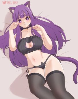 1girls aroused bed big_breasts black_bra black_panties breasts cat_ears cat_tail collar el_bin female female_only fern_(sousou_no_frieren) laying_on_bed long_hair looking_at_viewer nekomimi purple_eyes purple_hair sousou_no_frieren stockings thighs tummy wide_hips