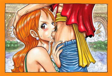 ai_generated balls big_breasts big_penis blowjob luffy manga_style monkey_d_luffy nami_(one_piece) orange_hair penis scar scar_on_chest sucking sucking_penis