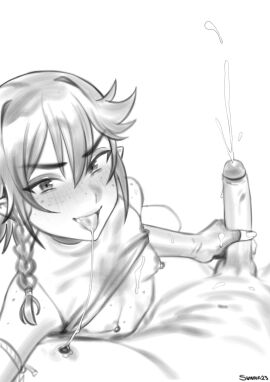 1boy absurdres blush braid breasts clothes_lift cum cumshot ejaculation erection female fingerless_gloves freckles gloves greyscale hair_between_eyes handjob highres looking_at_viewer male monochrome nilsunna nipples original penis pointy_ears pov projectile_cum saliva saliva_trail shirt_lift simple_background single_braid small_breasts solo_focus straight tongue tongue_out uncensored white_background