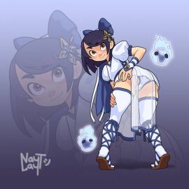 alternate_version_available black_hair blue_ribbon bow_ribbon brown_eyes dress fireball flashing kneesocks luna_(naytlayt) naytlayt original original_character panties presenting shoes turned_around white_dress white_panties