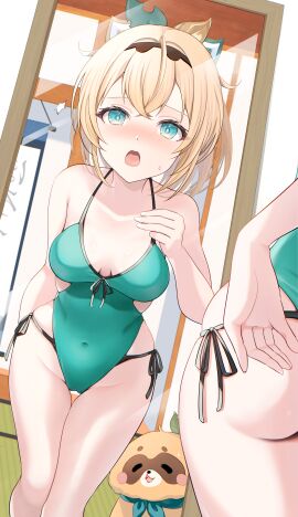 absurdres aqua_eyes bare_shoulders bikini blonde_hair blush breasts covered_navel crossed_bangs female green_one-piece_swimsuit hair_ornament halterneck highleg highleg_one-piece_swimsuit highres hololive hololive_japan holox indoors kazama_iroha kudoukudokudo leaf_hair_ornament looking_at_mirror medium_breasts medium_hair mirror one-piece_swimsuit open_mouth pokobee pov side-tie_bikini_bottom solo sweatdrop swimsuit thigh_gap virtual_youtuber