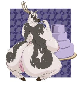 anthro anthro_only antlers anus ass big_ass big_breasts big_butt blush breasts brown_body cake cutlery deer dessert digital_media_(artwork) eating female food fork fur hair hi_res holding_object horn huge_ass huge_butt kitchen_utensils looking_back mammal new_world_deer nipples northstar nude puffy_anus reindeer simple_background sitting smile solo stardustspears tail tools