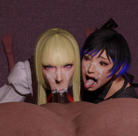 1boy 2girls 3d :>= bangs big_penis black_hair blonde_hair blowjob blue_hair brown_eyes censored censored_penis cock_worship cum cum_on_face dark-skinned_male dark_skin emilie_de_rochefort facial fellatio female female_focus interracial kneeling light-skinned_female light_skin long_hair male meta_(artist) open_mouth penis penis_worship pixelated purple_eyes reina_mishima sex short_hair tekken tekken_8 tongue tongue_out two-tone_hair