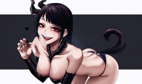 1girls bare_shoulders behemoth_(nikke) big_breasts bikini black_hair black_horns black_nails breasts cojohn commentary_request eye_makeup female goddess_of_victory:_nikke highres large_breasts looking_at_viewer nail_polish open_mouth red_eyes sharp_teeth smile tail teeth