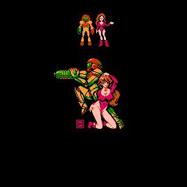 2girls arm_cannon arm_up armor armored_samus black_background black_eyes boots breasts brown_hair cleavage commentary covered_erect_nipples derivative_work dual_persona english_commentary female green_visor hand_on_own_head hand_on_own_hip highleg highleg_leotard kneeling large_breasts leotard limited_palette long_hair looking_at_viewer metroid metroid_(classic) multiple_females multiple_girls mykar nintendo one_eye_closed pink_footwear pink_leotard pixel_art power_armor samus_aran screenshot_redraw sleeved_leotard smile varia_suit weapon