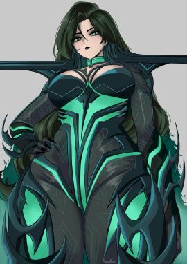 1girls 2025 2d 2d_(artwork) artist_name artist_signature big_breasts black_fingernails black_hair black_lipstick breasts cape cleavage clothed clothed_female curvaceous curvaceous_female curvaceous_figure curvaceous_hips curves curvy curvy_body curvy_female curvy_figure curvy_hips expressionless female female_only fully_clothed goddess green_eyes green_hair grey_background hair_down hand_on_hip hela hela_(marvel_rivals) hips kalennoir long_hair looking_down looking_down_at_viewer marvel marvel_comics marvel_rivals mascara pale-skinned_female pale_skin questionable sfw sharp_fingernails simple_background solo solo_female straight_hair supervillainess thick_thighs thighs unmasked villainess wavy_hair white_background