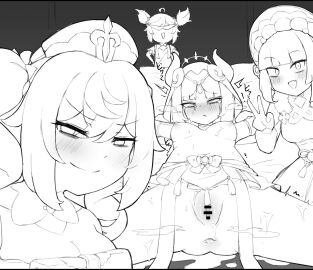 anus barbara_(genshin_impact) black_and_white blunt_bangs blush bonnet breasts circlet cleavage dancer dress drill_hair exhausted fake_horns female fucked_silly genshin_impact hair_ornament harem_outfit hat highres horns long_hair long_sleeves looking_at_viewer lucifina_006 monochrome multiple_females multiple_girls nilou_(genshin_impact) pussy steaming_body sweat tears twin_drills twintails v xinyan_(genshin_impact) yun_jin_(genshin_impact) yuri