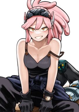 1girls absurdres accurate_art_style asian_female bare_shoulders black_gloves blush blush_lines blushing blushing_at_viewer boku_no_hero_academia breasts cleavage crosshair_pupils female female_focus female_only gloves goggles goggles_on_head grin hatsume_mei highres hiro_illust11 large_breasts light-skinned_female light_skin long_hair looking_at_viewer mei_hatsume my_hero_academia open_mouth pink-haired_female pink_hair sitting smile smiling_at_viewer solo solo_female solo_focus symbol-shaped_pupils tank_top teeth yellow_eyes