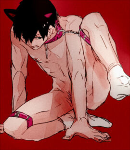 black_hair cat_boy cat_ears catboy collar convenient_censoring full_body gintama hijikata_toshiro male male_only malesub n_n naked_footwear nude red_background restrained socks solo submissive submissive_male