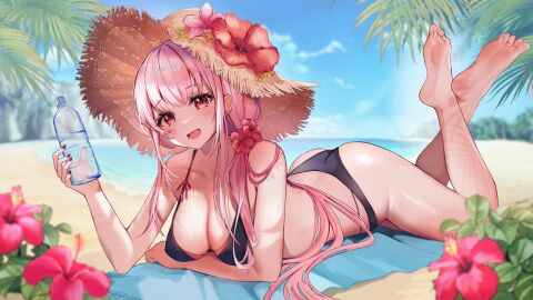 1girls :d ass bangs bare_legs bare_shoulders barefoot beach big_breasts bikini black_bikini blue_sky blurry blush breasts cleavage cloud collarbone crossed_ankles cup day depth_of_field drink drinking_glass drinking_straw eyebrows_visible_through_hair fangs feet feet_up female flower gradient_hair hair_ornament hat hat_flower hibiscus hololive hololive_english hololive_myth large_breasts legs_up long_hair looking_at_viewer lying mori_calliope multicolored_hair nail_polish ocean on_stomach open_mouth outdoors palm_leaf palm_tree pink_eyes pink_hair red_eyes red_flower sand scrunchie sidelocks sky smile soles solo straw_hat string_bikini sun_hat swimsuit the_pose toes tree tropical_drink virtual_youtuber water yuniiho