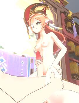 1boy 1girls 3d breasts completely_nude cowgirl_position female genshin_impact green_eyes hat lying male masturbating_other masturbation nude orange_hair penis petite pleasure_face pussy sex small_breasts thighs white_hair yanfei_(genshin_impact)