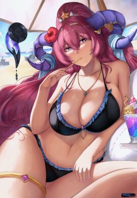 1girls absurdres alternate_costume bare_arms bare_legs bare_midriff bare_thighs beach beach_chair bikini black_bikini black_swimsuit blue_eyes breasts chibi cleavage collarbone curled_horns curvy female female_only fire_emblem fire_emblem_heroes flower food hair_between_eyes hair_flower hair_ornament highres horns huge_breasts ice_cream legs long_hair mature mature_female midriff nail_polish necklace nerthuz_(fire_emblem) nintendo ocean official_alternate_costume outdoors parasol pink_eyes pink_hair pink_nails ponytail sand sharena_(fire_emblem) sitting solo spoon spoon_in_mouth swimsuit tempurachronos thick_thighs thighs umbrella very_long_hair voluptuous