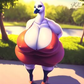 2023 ai ai_generated avian belly big_belly big_breasts breasts chubby chubby_female female goose looking_at_viewer mommy nipples overweight overweight_female slightly_chubby slightly_chubby_female thepyromancerfox