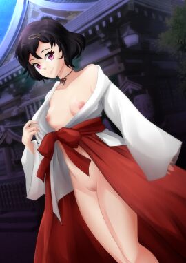 1girls apple_cake black_choker black_hair breasts breasts_out choker commission exhibitionism exposed_breasts exposed_pussy eyebrows eyelashes female female_focus female_only flashing flashing_breasts flashing_pussy functionally_nude functionally_nude_female hair hairclip hairless_pussy hakama hakama_skirt miko nipples no_bra no_panties nudity outdoor_nudity outdoors outside public_exposure public_nudity purple_eyes pussy robe short_hair shrine shrine_maiden skull_hair_ornament small_breasts smiling smiling_at_viewer solo solo_female steins;gate tree urushibara_luka urushibara_ruka