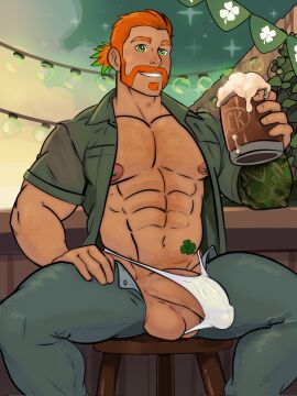 1boy abs balls ballsack bara body_hair bulge bulge_through_clothing clothing cummytomato erection facial_hair ginger ginger_hair green_eyes hairy hairy_male human male male_nipples male_only male_pubic_hair masculine_male mature_male muscles muscular muscular_male mustache mutton_chops nipples open_pants open_shirt orange_hair pecs penis penis_outline pubic_hair red_hair scrotum sideburns smooth_penis solo soul_patch st._patrick's_day testicles underwear yaoi