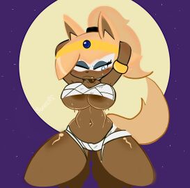 anthro areola_slip areolae bandage big_breasts blue_eyes bodily_fluids breasts brown_areola brown_body brown_fur canid canine canis crown eyeshadow fangs female fur grey_eyeshadow hands_behind_head headgear hi_res idw_publishing kneeling makeup mammal moon navel one_eye_closed purple_background sega simple_background solo sonic_(series) sonic_the_hedgehog_(comics) sonic_the_hedgehog_(idw) sonic_the_hedgehog_(series) sunkers sweat sweatdrop tail tan_body tan_fur teeth thick_thighs tiara whisper_the_wolf wide_hips wolf