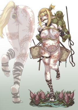 1boy anal anal_object_insertion basket bit_gag blonde_hair bondage breasts censored chains collar completely_nude cuffs dragon_tattoo earrings elf female gag gagged goblin grabbing_another's_breast groping highres jewelry large_breasts male maledom mosaic_censoring navel_piercing nipple_piercing nipple_rings nipples nude object_insertion original piercing pointy_ears pony_girl pony_play ponygirl ponyplay pregnant pussy shackles simple_background slave small_dom_big_sub tattoo tribal_tattoo turnip vaginal_object_insertion vaginal_penetration veiny_belly veiny_breasts yakou_(4507770)