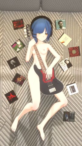 1girls 3d album bangs_over_one_eye bass_guitar bed bedroom blue_hair bocchi_the_rock! breasts cd completely_nude el_cuarteto_de_nos female full_body hair_clips headphones kessoku_band legs lying lying_on_bed malice_mizer musical_instrument naked nude petite short_hair small_breasts solo system_of_a_down thighs yamada_ryou yellow_eyes
