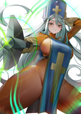 absurdres blue_hair blue_hat blue_tabard blush bodysuit breasts cross cross_print dragon_quest dragon_quest_iii female gloves hat highres large_breasts light_blue_hair long_hair long_sleeves looking_at_viewer mace mitre orange_bodysuit orange_eyes priest_(dq3) smile solo tabard teddypocky thick_thighs thighs weapon yellow_glovesi.pximg.net/img-original/img/2024/1