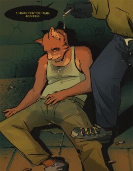 after_fellatio after_oral after_sex anthro bodily_fluids bottomwear bullying cigarette clothed clothed_anthro clothed_male clothing cum cum_drip cum_from_mouth cum_in_mouth cum_inside cum_on_clothing cum_on_face domestic_cat dominant dominant_anthro dominant_male dripping drunk duo faceless_character faceless_male felid feline felis footwear fully_clothed fully_clothed_anthro fully_clothed_male fur genital_fluids hi_res hoodie humiliation humiliation_fetish male male/male male_anthro mammal notched_ear orange_body orange_fur outside pants peeing red_eyes shirt shoes sitting smoking smoking_cigarette sneakers stain stained_pants stained_shirt stepped_on submissive submissive_anthro submissive_male substance_intoxication tank_top topwear urine urine_on_ground urine_pool vyvs watersports wet wet_bottomwear wet_clothing wet_pants wet_shirt wet_tank_top wet_topwear wetting wetting_bottomwear