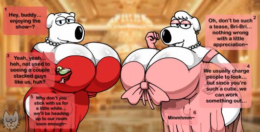 alternate_version_at_source ass ballroom big_ass big_breasts big_butt breasts brian_griffin canid canine canis classy clothing dialogue domestic_dog dress duo family_guy futanari genitals hi_res huge_ass huge_breasts huge_butt hyper hyper_breasts imminent_sex implied_incest intersex jasper_(family_guy) mammal penis propositioning small_penis text_box thick_thighs wowthisisgreat