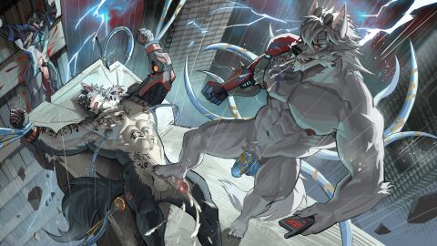 abs ale55 anthro balls band-aid band-aid_on_face bandage bandage_on_face black_body black_fur blue_penis blush body_writing bondage canid canine canis chinese_text city city_background cityscape clothing cybernetic_arm cybernetic_limb defeated defeated_hero dragonsmint ejaculation electricity embarrassed erection eye_roll eye_scar eyewear eyewear_on_head facial_scar feet flaccid foot_fetish foot_on_penis foot_play foreskin fur genital_tattoo genitals group hero hi_res high-angle_view humanoid_genitalia humanoid_penis lightning lying male male/male mammal mgg_(character) muscular muscular_male nipple_piercing nipple_ring nipple_ring_pull nipples nude on_back open_mouth pecs penis penis_tattoo piercing pubes raining retracted_foreskin ring_piercing scar skinsuit spitting standing sunglasses sunglasses_on_head tattoo tentacle tentacle_around_arm text tight_clothing torn_skinsuit trio uncircumcised vein veiny_penis white_body wolf