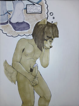 3:4 absurd_res anklet anthro balls brown_hair canid canine canis chihuahua domestic_dog english_text feet foot_fetish foot_focus genitals hair hi_res jewelry male mammal masturbation midas_(alleycat) nipples nude nude_male penile penile_masturbation penis pubes ring_(jewelry) solo speech_bubble tail tail_motion tailwag text toy_dog valkyriedyne