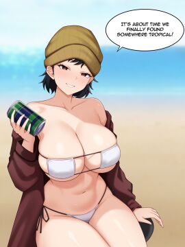 asian_female beach beanie bikini black_hair breasts brown_eyes coat_on_shoulders cute dialogue dredge english_text female flirting hat huge_breasts nath08 navel offering_food offering_to_viewer smile square_bikini thick_thighs traveling_merchant_(dredge)