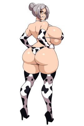 angry breasts brown_eyes clenched_teeth cow_print cow_print_bikini cow_print_gloves cow_print_thighhighs curvy elbow_gloves female from_behind full_body glasses gloves grey_hair hair_bun high_heels huge_breasts iggybomb kneepits looking_back print_bikini print_gloves print_thighhighs prison_school shiny_skin shiraki_meiko simple_background solo standing teeth thighhighs white_background