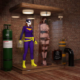 1girls 3d arms_at_sides asleep barbara_gordon barefoot batgirl batman_(series) bound bound_arms bound_legs bound_neck breasts brick_wall captured captured_heroine chloroform clothes_removed completely_naked completely_nude dc dc_comics defeated defeated_heroine display display_case english_text eyes_closed feet female forniphilia gas_mask helpless helpless_female human_furniture human_trophy immobile indoors legs_together living_statue living_trophy mannequin midriff name_tag nipples nude nude_female oldmanjaay overhead_light permanent_bondage plaque pussy pussy_obscured sign solo_female stasis_chamber stationary_restraints stripped stripped_naked suspension suspension_bondage text trophy_case unconscious