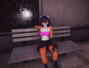 3d anonymous_artist anthro barely_visible_genitalia barely_visible_pussy bench black_bottomwear black_clothing black_skirt blue_hair bottomwear canid canine clothing crop_top digital_media_(artwork) enhibitionism female fluffy fox frito_fox fur genitals hair looking_at_viewer mammal masturbation night on_bench orange_body penetration pink_clothing pink_shirt pink_topwear public pussy sex_toy shirt sitting skirt smile solo topwear vaginal_penetration vibrator white_body