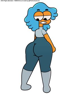 ass back_view big_ass big_butt blue_hair cartoon_network clothed clothing flight_attendant_(the_amazing_world_of_gumball) looking_ass looking_down orange_skin the_amazing_world_of_gumball the_cartoon_love thick_ass tight_clothing tight_pants