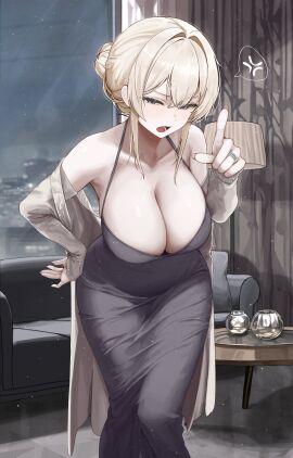 1girls angry bare_shoulders big_breasts blonde_hair blue_eyes breasts cleavage detailed_background dress female gwan-e hair_bun half-closed_eyes leaning_forward looking_at_viewer milf mother original original_character pointing solo talking_to_viewer thick_thighs tied_hair tight_clothing tsukasa_erin