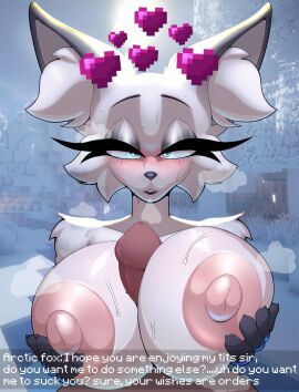 1boy 1girls 2024 2d anthro anthrofied arctic_fox arctic_fox_(minecraft) big_breasts black_fur black_markings blue_eyes blush bodily_fluids breast_play breasts canid canine dialogue digital_media duo elzorrogomita english_text female female_focus fox fox_(minecraft) fox_ears fox_girl foxgumie fur furry genitals glowing_eyes grey_body grey_fur heart_symbol hi_res huge_breasts inner_ear_fluff large_areolae looking_at_viewer male mammal microsoft minecraft mojang multicolored_body multicolored_fur nipple_dip nipple_indents nipples outdoors outside paizuri penis pink_nipples sex solo_focus sweat text titfuck titjob true_fox tuft two-tone_body two-tone_fur vixen white_body white_fur xbox_game_studios