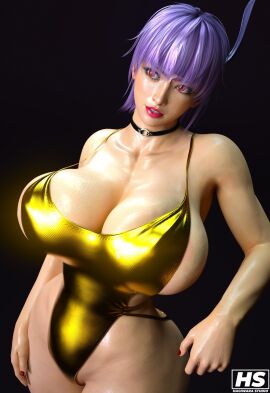 3d ayane_(doa) breasts dead_or_alive female hagiwara_studio highres large_breasts purple_hair red_eyes red_lipstick swimsuit