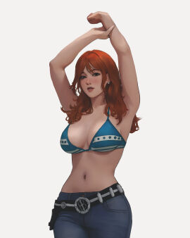 big_breasts bra breasts breasts_out censored clothing female female_only fully_clothed ginger jeans large_breasts meemo.psd nami_(one_piece) no_penetration one_piece patreon red_hair redhead solo solo_female solo_focus striped_bikini teenage_female thick voluptuous voluptuous_female