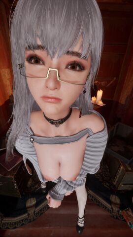 breasts brown_eyes candle candlelight choker close-up eve_(stellar_blade) female glasses high_heels looking_at_viewer reverse_outfit screenshot silver-haired_female socks stellar_blade stellarboi sulking sweater thick_thighs thighhighs thighs video_game white_sweater