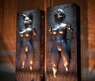 3d alternate_version_available anthro bound breasts carbonite encasement female frozen furry krystal miyu_lynx nintendo nipples nude petrification sfmcarbonfreezer solo source_filmmaker star_fox star_wars