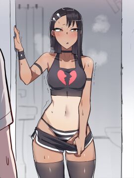 1boy 1girls black_choker black_eyes black_eyeshadow black_hair black_lips black_nails black_thighhighs blush breasts brown_eyes choker clothes_pull collarbone dolphin_shorts earclip eyeshadow facing_viewer female fingernails hair_ornament hairclip hayase_nagatoro hi_res horny_female lips lipstick long_hair looking_to_the_side makeup male medium_breasts naoto_hachioji_(senpai) navel oerba_yun_fang one-piece_tan panties please_don't_bully_me nagatoro pulling_own_clothes shorts shorts_pull showing_panties solo_focus standing straight striped_clothes striped_panties sweat tan tank_top tanline thighhighs ti_keep trembling underwear