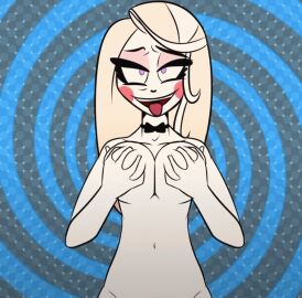 charlie_morningstar_(hazbin_hotel) fondling_breast grabbing_breasts hazbin hazbin_hotel hypnosis large_breasts naked_female squeezing_breast tongue_out