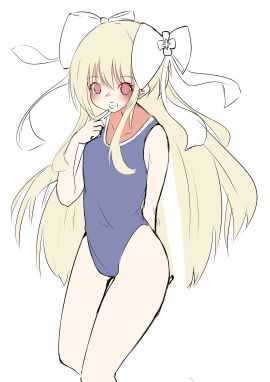 absurdres alternate_costume blonde_hair chaos_marie_(grimms_notes) crossyaju female grimms_notes hair_ribbon highres long_hair pink_eyes ribbon school_swimsuit solo swimsuit unfinished