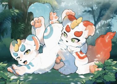 animal_genitalia animated asian_mythology balls bixie_(fabulous_beasts) blue_body blue_fur bodily_fluids brother_(lore) brothers_(lore) canid canine_genitalia chinese_mythology colored detailed_background duo east_asian_mythology fabulous_beasts fangs fellatio fenz_(studio) feral fur fur_markings genitals green_eyes horn incest_(lore) inner_ear_fluff looking_pleasured male male/male mammal markings multicolored_body multicolored_fur mythological_creature mythology open_mouth oral pawpads paws penile penis pixiu red_body red_fur round_ears sex sibling_(lore) steamy_breath sweat teeth tianlu_(fabulous_beasts) tongue tongue_out torn_ear tuft two_tone_body two_tone_fur white_body white_fur yrac