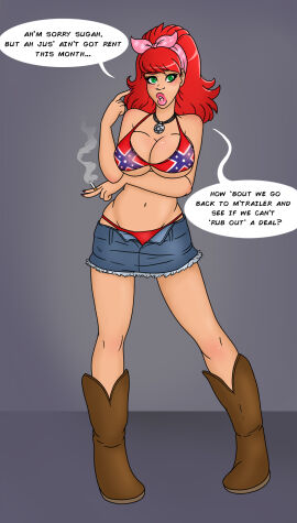 accent bare_legs big_breasts big_lips bikini_top bimbo bimbo_body bimbo_lips blue_eyes boots breasts brown_hair cleavage confederate_flag confederate_flag_bikini denim_shorts female green_eyes hillbilly huge_breasts jean_shorts jean_skirt large_breasts legs midriff miniskirt offering_sex panties panties_visible red_hair southern_accent text thong thong_straps trashy unbuttoned_pants wrenzephyr2