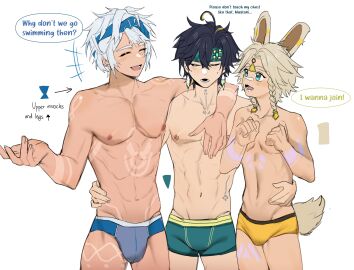 3boys abs bana_gameg black_hair blonde_hair bulge bulge_through_clothing bunny_ears cute embarrassed femboy gay genderswap genderswap_(ftm) genshin_impact grey_hair grown_up half_naked headband hourglass_figure kachina_(genshin_impact) kinich_(genshin_impact) male male_only mualani_(genshin_impact) muscular penis penis_bulge rule_63 shirtless silver_hair tattoo tighty_whities twink underwear underwear_only