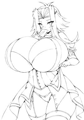 akiza_izinski big_breasts blush breasts bursting_breasts cleavage female fluffy2sphere gigantic_breasts huge_breasts izayoi_aki line_art long_hair looking_at_viewer panties skirt skirt_lift thighhighs tight_clothing yu-gi-oh! yu-gi-oh!_5d's