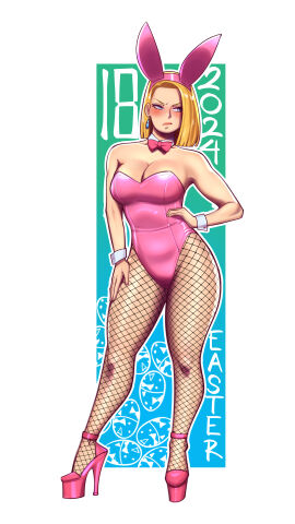 android_18 angry angry_face annoyed annoyed_expression big_breasts breasts bunny_ears bunnysuit dragon_ball dragon_ball_z embarrassed female fishnets high_heels joylewds platform_heels