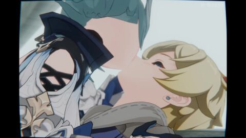 1boy 1girls armpits ass ass_focus assertive_female b-banto blonde_hair blue_background blue_hair blue_necktie clothing_cutout day eula_(genshin_impact) female femdom french_kiss french_kissing genshin_impact hair_between_eyes hair_ornament hairband highres kiss_on_lips kissing long_sleeves mika_(genshin_impact) necktie orange_eyes reverse_ryona self-upload self_upload shoulder_cutout sitting_on_lap sitting_on_person sound sound_effects tagme video wide_sleeves