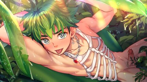 1boy :p absurdres armpits chain_necklace chains collarbone cross cross_earrings earrings flare gay gay_male green_hair grey_eyes heart heart_necklace highres jewelry leaf looking_at_viewer male male_focus male_pubic_hair mikkoukun necklace nipples nude original outdoors penis pubic_hair rain ribs shaved_armpit short_hair solo tank_top tongue tongue_out variant_set white_tank_top yaoi