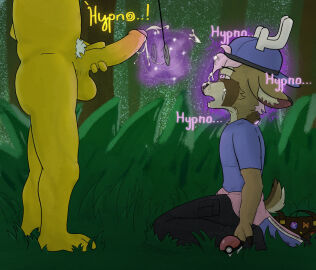 anthro antlers backwards_baseball_cap backwards_hat balls baseball_cap big_balls big_penis black_bottomwear black_clothing black_pants blue_baseball_cap blue_clothing blue_shirt blue_t-shirt blue_topwear bodily_fluids bottomwear clothing cum cum_on_face cumshot deer duo ejaculation forest furgonomic_baseball_cap furgonomic_headwear furgonomics generation_1_pokemon genital_fluids genitals hat headgear headwear hi_res horn hypno_(pokemon) hypnosis kneeling male male/male mammal masturbation mind_control nintendo outside pants pendulum pendulum_swing penis plant pokemon pokemon_(species) robin_(robinhypnotized) robinhypnotized shirt t-shirt topwear tree